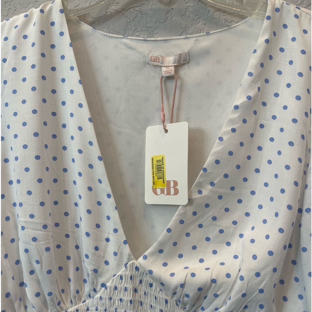 Gianni Bini White and Blue Polka Dot Woman’s Babydoll Dress. Size: XL NWT